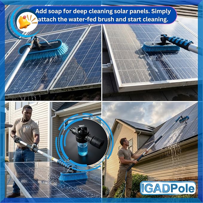 IGADPole 28 FT Water-Fed Washing Kit with Soap-Dispenser, Brush, 10″ Squeegee & Cobweb Duster for Windows, Gutters, Solar Panels & Exterior Walls