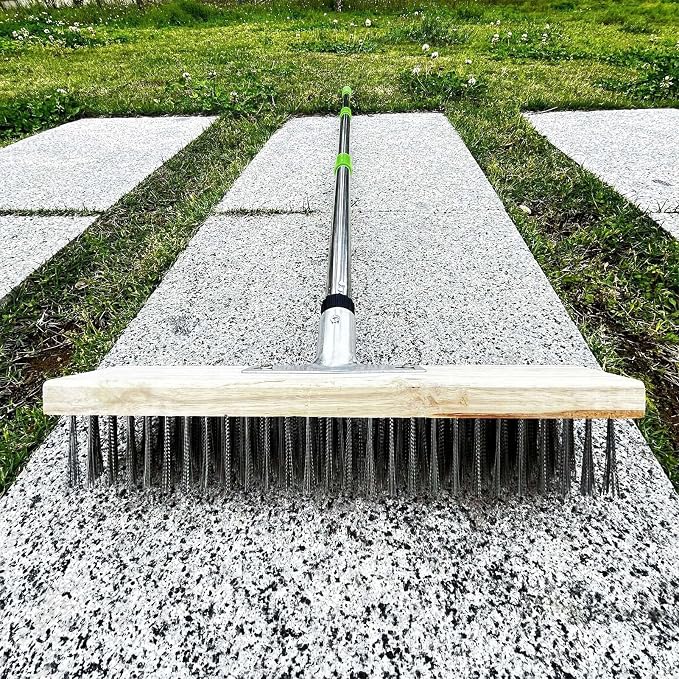 Hyuduo Stainless Steel Wire Scrub Brush, 80-120cm Telescopic Handle with Dense Hard Steel, for Deck Concrete Patio Floor Outdoor Indoor Moss Removal
