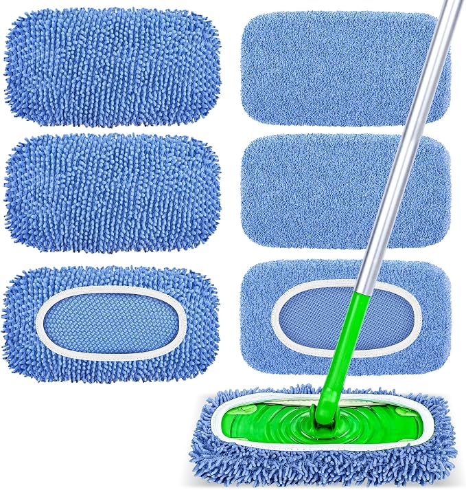 6-Pack Reusable Microfiber Mop Pads Compatible with Swiffer Sweeper, Dry & Wet Sweeping Cloths - Washable Wet Pads Refill for Multi-Surface/Hardwood Floor Cleaning -Blue