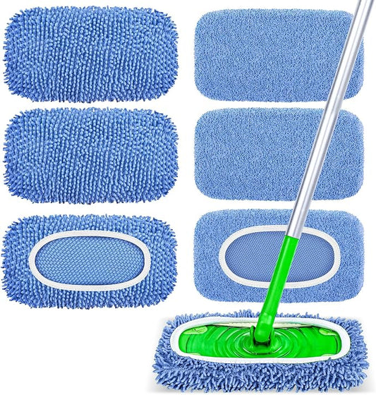 6-Pack Reusable Microfiber Mop Pads Compatible with Swiffer Sweeper, Dry & Wet Sweeping Cloths - Washable Wet Pads Refill for Multi-Surface/Hardwood Floor Cleaning -Blue