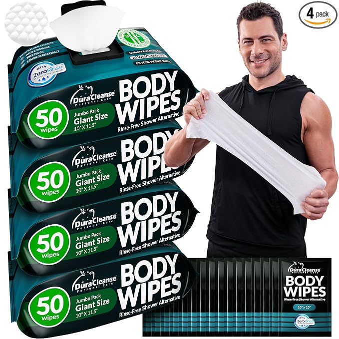Body Wipes for Men (4 Pack, 200 XL) No Rinse Shower Wipes + 16 Travel Bath Sheets 10 x 11.5" - Extra Thick Mens Deodorant Disposable Washcloths for Bathing, Camping Essentials, Aloe & Vitamin E