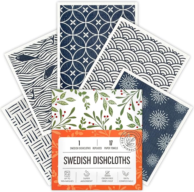 Swedish Dishcloths, 5 Pack Swedish Dishcloths for Kitchen, Super Absorbent, Biodegradable, Quick Drying, Dishwasher Safe