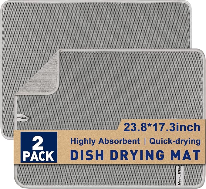 Large Dish Drying Mat 2 Pack, 23.8" x 17.3" Microfiber Ultra Absorbent Quick-Dry Dish Drying Mats for Kitchen Counter, Dish Rack Mat & Drying Pad for Countertops & Sinks, Machine Washable, Gray
