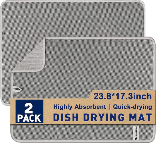 Large Dish Drying Mat 2 Pack, 23.8" x 17.3" Microfiber Ultra Absorbent Quick-Dry Dish Drying Mats for Kitchen Counter, Dish Rack Mat & Drying Pad for Countertops & Sinks, Machine Washable, Gray