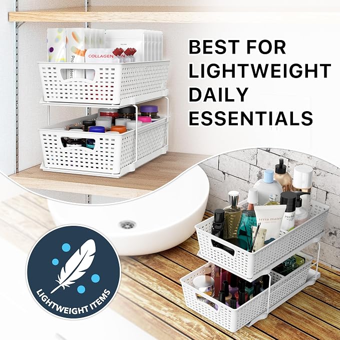Simple Houseware 2 Tier Pull-Out Sliding Drawer Under Sink Storage, White | Great for Kitchen Bathroom Tray Shelf Organizer