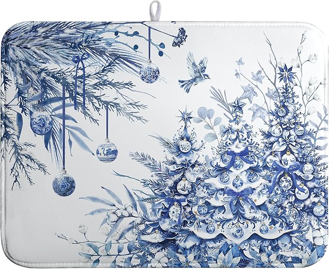 Christmas Tree Dish Drying Mat for Kitchen Counter 18x24 Inch Blue White Chinoiserie Winter Xmas Holiday Drying Mats Microfiber Absorbent Dish Draining Reusable Dish Drainer Pad