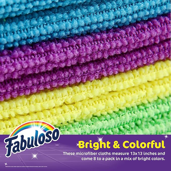 Fabuloso Microfiber Cleaning Cloths for Home & Car, Lint-Free Scratch-Free Rags for Glass, Kitchen & Wood, Reusable Machine Washable, Absorbent for Dusting & Wiping, Rainbow, 13 x 13 in, 8 Count