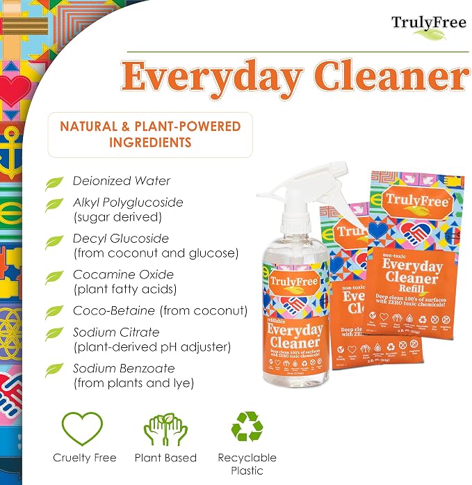 Truly Free Everyday Cleaner Kit - Multipurpose Cleaner Spray, Kitchen Counter Cleaner, Natural Cleaning Products, Multi-Surface Household Solution, 16 oz Reusable Empty Bottle + Two Fills, 3 oz ea.