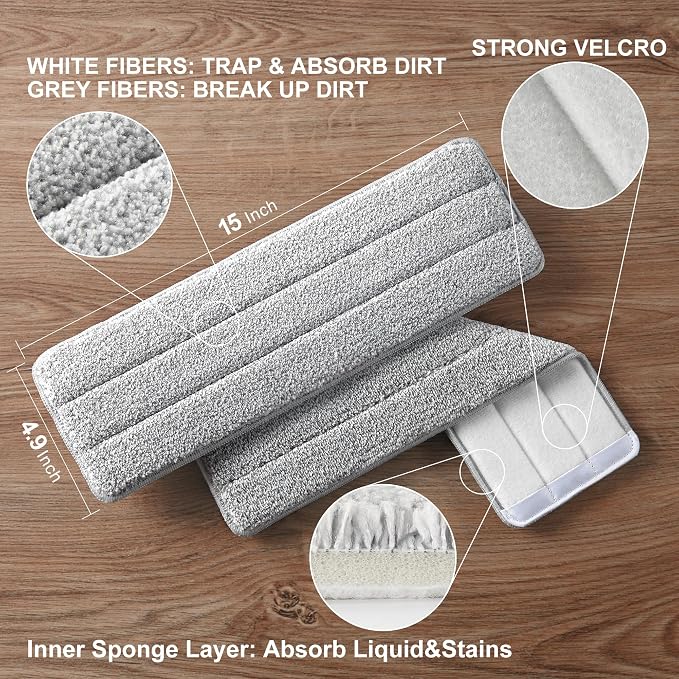 JOYMOOP Microfiber Replacement Pad for 15" Flat Mop System, Grey, 1-Pack Refill