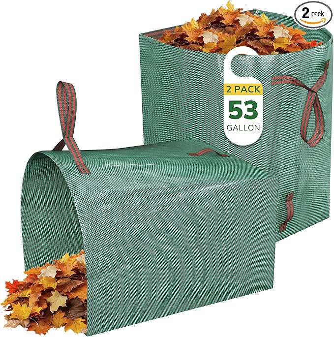 GreatBuddy 53 Gallon Yard Waste Bags, 2-Pack Reusable PP Garden Leaf Bags with Handles, Self-Standing Foldable Lawn Bag for Grass, Twigs and Debris Outdoor Cleanup