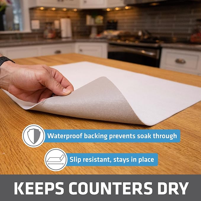 Drymate Jumbo XL Dish Drying Mat (19”x24”), Low-Profile, Super Absorbent, Quick Dry Fabric, Waterproof & Slip-Resistant, for Kitchen Counter, Trimmable, Easy to Clean (USA Made)(White)