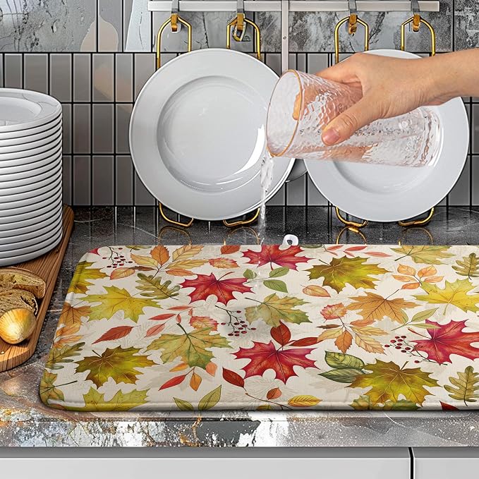 Fall Maple Leaves Dish Drying Mat for Kitchen Counter 18 x 24 Inch Autumn Thanksgiving Absorbent Reversible Microfiber Dish Draining Mat Washable Dish Drainer Rack Mat for Coffee Bar