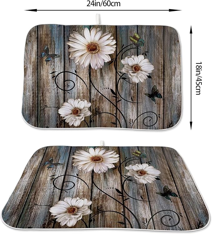 Brown Dish Drying Mat 18x24 Inches For Kitchen Counter Absorbent Daisy Floral Kitchen Decoration Spring Summer Flower Drying Mat Pad For Home Kitchen,Dining Room,Office Decoration