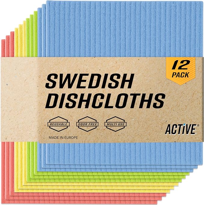 ACTIVE Swedish Dish Cloths for Kitchen 12 Pack Cellulose Sponge Cloth, Washable Dishcloths for Washing Dishes, Original European Dish Towels, Absorbent Reusable Paper Towels - Multicolor Assorted