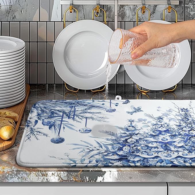Christmas Tree Dish Drying Mat for Kitchen Counter 18x24 Inch Blue White Chinoiserie Winter Xmas Holiday Drying Mats Microfiber Absorbent Dish Draining Reusable Dish Drainer Pad
