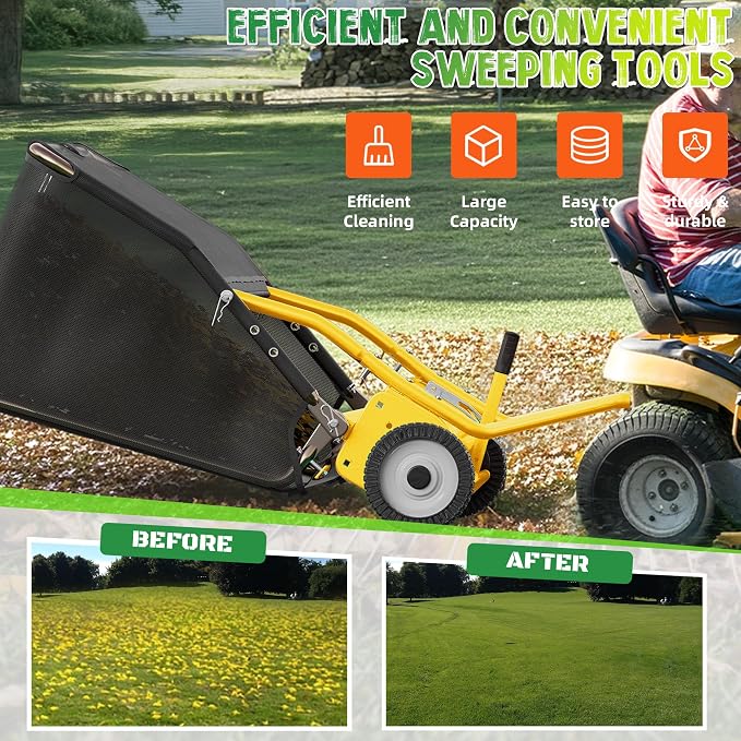 42" Lawn Sweeper Tow Behind, Pull Behind Lawn Sweeper with 18.55 cu. ft Large Hopper, Heavy Duty Leaf & Grass Collector, Adjustable Brush Height Lever and Dumping Rope, Lawn and Yard Cleanup Tool