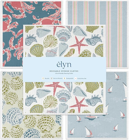 ELYN Swedish Dishcloths, Reusable & Washable Sponge Cloths, Absorbent Cleaning Paper Towels for Kitchen, Dishes, Counters and More, 5 Pack, Classic Coastal