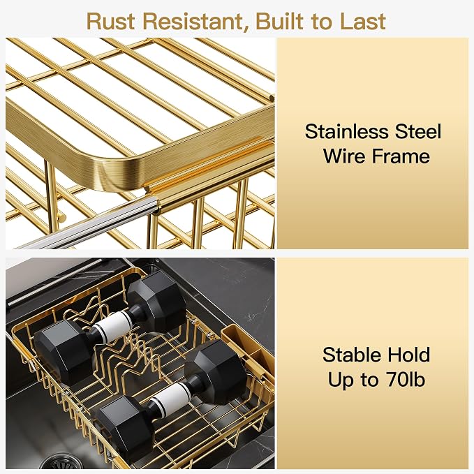 JASIWAY Expandable Stainless Steel Gold Dish Drying Rack Over The Sink for Small Kitchen, Counter Space Saving Compact Plate Drainer Strainer, Adjustable Hanging Metal Dish Dryer with Utensil Holder
