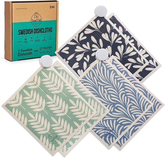Harps&Seb Swedish Dishcloths for Kitchen Dishcloths - 6 Pack, Reusable Paper Towels with Clips, Super Absorbent Washable Non-Scratch Swedish Dish Towels, No Odor, Biodegradable