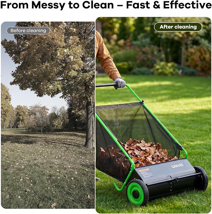 26-Inch Push Lawn Sweeper, Heavy Duty Leaf Sweeper with 4 Brushes & 7Cu.ft Bag, Adjustable Height Steel Frame Leaf,Manual Yard Sweeper for Collector for Yard, Lawn, Garden, Patio
