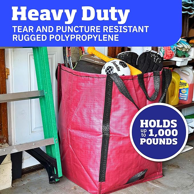 DURASACK Heavy Duty Home and Yard Bags, Red, 3 Pack | 48-Gallon Reusable Self-Standing Lawn and Leaf Bags Garbage Can with Reinforced Handles