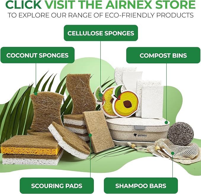 AIRNEX Natural Kitchen Sponges (12 Pack) - Biodegradable Cellulose & Coconut Scrubber Dish Sponges for Kitchen - Eco-Friendly, Non Scratch, Compostable, Non Toxic S-Shaped Natural Sponges for Dishes