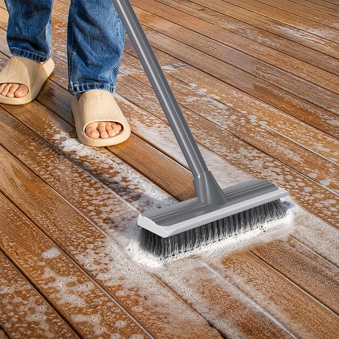 2 in 1 Floor Scrub Brush: Deck Brush with Squeegee | Long Adjustable Handle - 55'' Stiff Bristle Scrape Brush for Deck Patio Garage Shower Bathroom