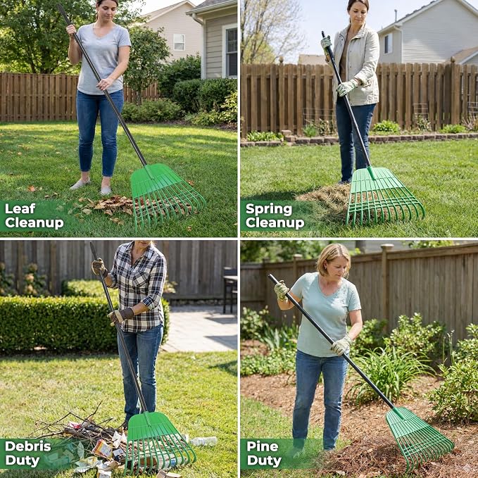 Gardzen 67 Inch Leaf Rake Set for Leaves and Lawn Cleanup | 12 Tines, 17-inch Plastic Rake Head, 50–67 Inch Adjustable Metal Handle, Includes Leaf Bag and Gloves