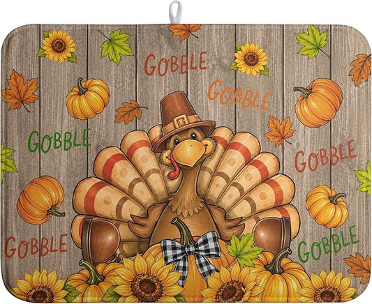 Happy Thanksgiving Turkey Dish Drying Mats Fall Pumpkin Dish Mat Drying Matt Autumn Dishes Dryer Pad for Kitchen Counter Absorbent Microfiber Washable Foldable Reusable 18x24 in