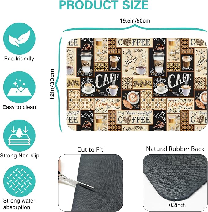 Fun Coffee Mat 19inx12in,Coffee Bar Mat for Countertops,Absorbent Hide Stain Anti-Slip Coffee Bar Accessories Fit Under Coffee Machine Mat,dish Drying Mats for Kitchen