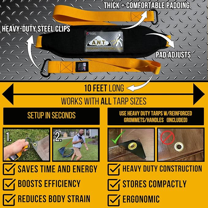 Leaf Collector Lawn Bundle - Padded Tarp Strap + Heavy Duty 6x8 Waterproof Tarp for Leaf and Lawn Waste, Hunting Sled Deer Drag Strap, Snow Removal, for use with Blower, Yard Vacuum, Mulcher, Sweeper