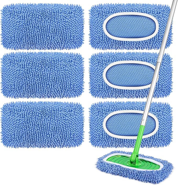 6 Pack Reusable Mop Pads Compatible with Swiffer Sweeper, Dry Sweeping Cloths & Wet Mopping Cloths - Microfiber Mop Pads for Hardwood Floors, Floor Cleaning, Wood Floors (Blue)
