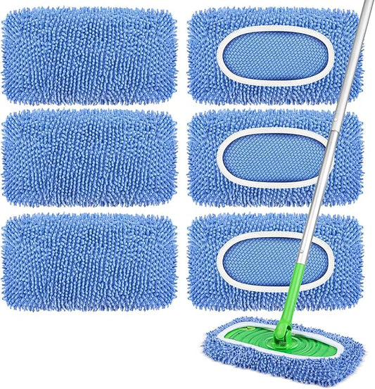6 Pack Reusable Mop Pads Compatible with Swiffer Sweeper, Dry Sweeping Cloths & Wet Mopping Cloths - Microfiber Mop Pads for Hardwood Floors, Floor Cleaning, Wood Floors (Blue)