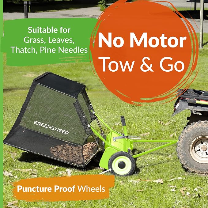 GreenSweep Pickup Tow 42-Inch Lawn Sweeper – Tow-Behind Leaf Collector for Ride-On Mowers – Adjustable Brush Height – Large Grass Catcher Hopper – Garden Debris Sweeper Attachment