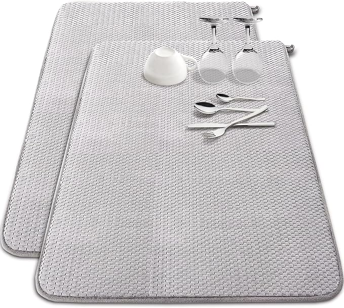 2 Pack Extra Large Microfiber Dish Drying Mat,30 x 24 Inch Super Absorbent Drying Pad,Large Size Dish Drying Mat for Countertops,Sinks,Draining Racks,Gray