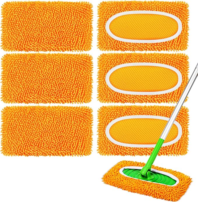 6Pcs Reusable Microfiber Mop Pads Compatible with Sweeper Mop, Replacement Wet Mopping pad Refills & Washable Dry Sweeping Cloths for Surface/Hardwood Floor Cleaning(Orange)