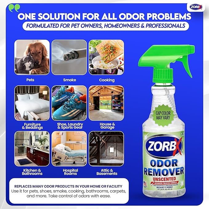 ZORBX Unscented Odor Eliminator Spray 16 Oz 2-Pack, Hospital-Grade Formula | Permanent Odor Remover for Pet & Human Urine, Smoke & Strong Odors, Carpet, Upholstery, Mattress, Bathroom, Car & More