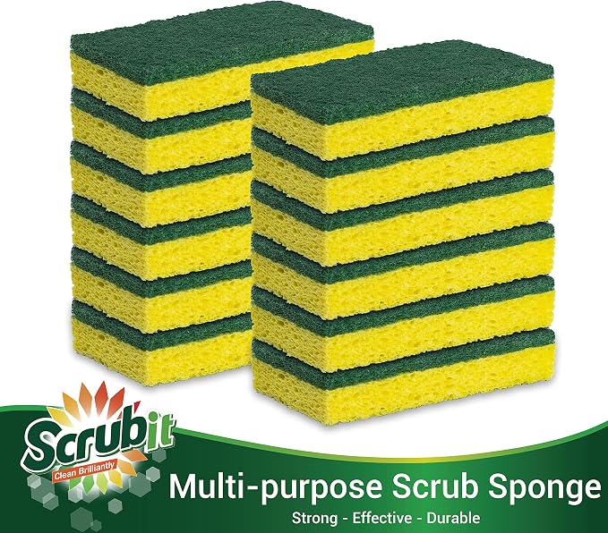 SCRUBIT Heavy Duty Scrub Sponge - Made from Tough Cellulose - Eco Friendly - Lasts for Months of Heavy Duty Kitchen Cleaning (12 Pack)