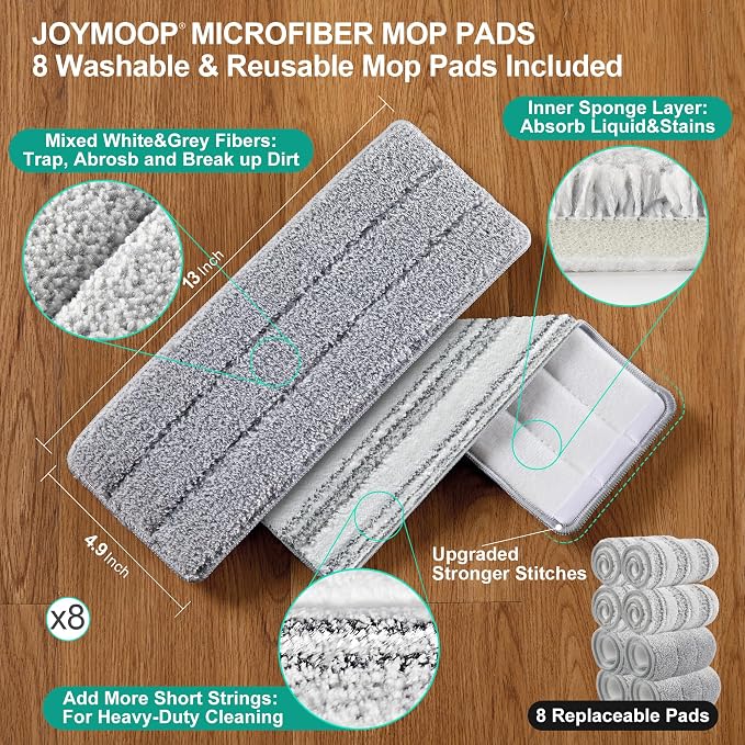 JOYMOOP Flat Mop System, Microfiber Mop and Bucket Set, Green, Household & Commercial Floor Cleaning Mop, Includes 2 Mops and 8 Large Microfiber Pads