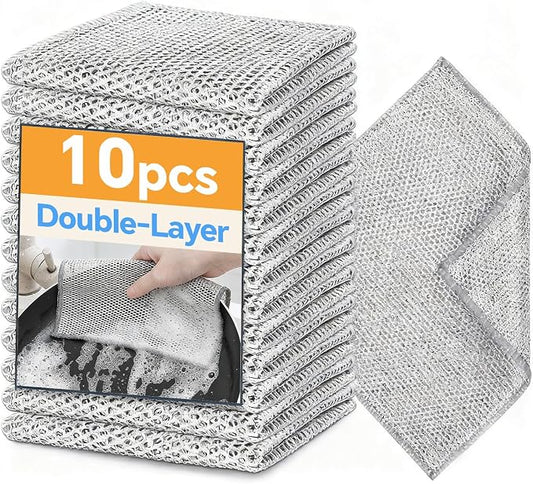 Stainless Steel Wire Scrubber Sponges, 10 Pack Non-Scratch Heavy Duty Cleaning Cloths, Multi-Purpose Metal Mesh Dish Rags for Kitchen, Dishes, Pots, Pans, Sink, 7.87 x 7.87 Inch (10)
