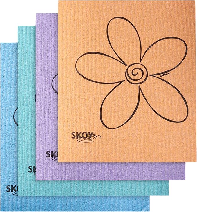 Skoy Cloth, 4-pack Versatile Swedish Dishcloths for Kitchen and Household Use, Reusable Cleaning Cloths, Planet-Friendly, Dishwasher and Dryer-Safe, Assorted Colors