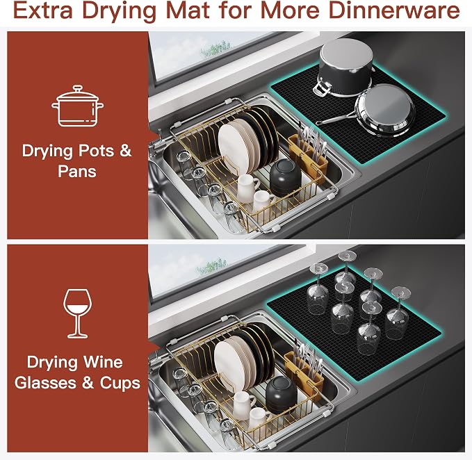JASIWAY Gold Dish Drying Rack in Sink with Mat, Expandable Stainless Steel Dish Drainers for Kitchen Counter, Space Saving Dish Dryer for Inside Sink, Over Sink Dish Racks with Utensil Holder