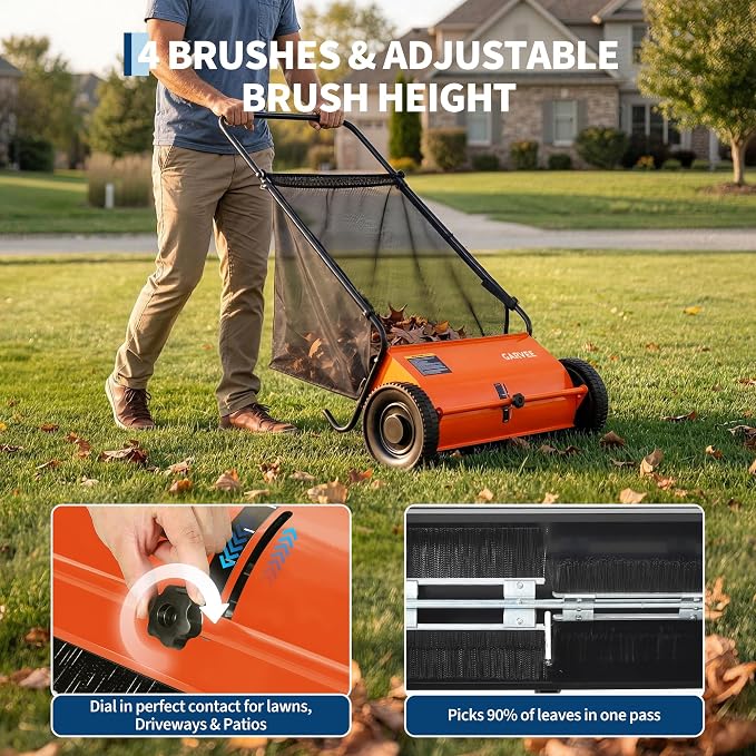 Garvee 21 Inch Push Lawn Sweeper, Walk Behind Leaf Grass Collector with 6 Cu ft Hopper Bag, Carbon Steel Frame, Yard Sweeper with Adjustable Brush Height for Garden Patio Driveway Leaves Cleanup