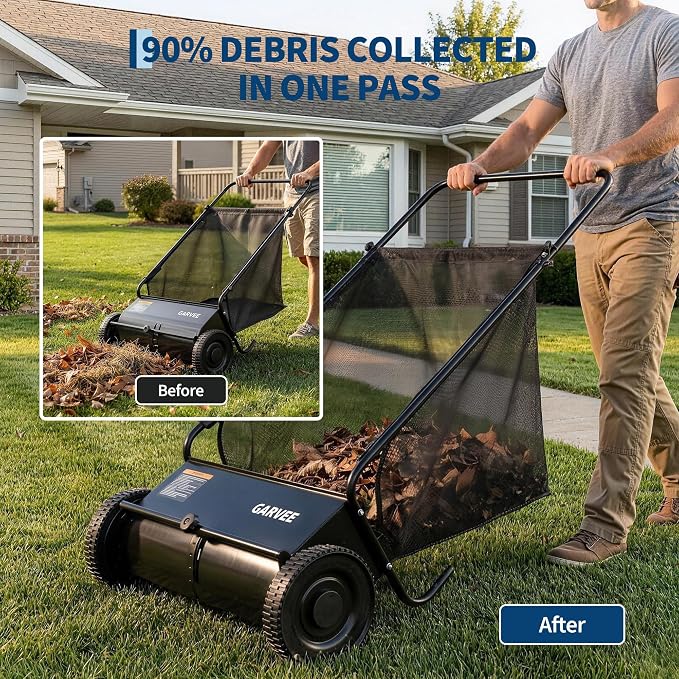 Garvee Push Lawn Sweeper, 26" Leaf & Grass Collector with 7Cu.ft Hopper Bag | Heavy Duty Yard Sweeper with Clear Dust Cover & Large Collection Bag for Leaves, Grass Clippings, for Lawn Yard Cleanup