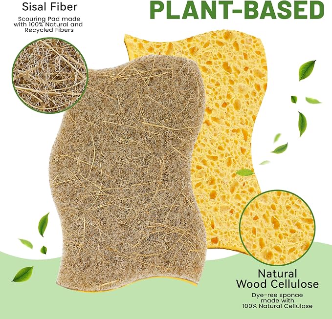 LILAC 12 Pack Natural Cellulose Sponges for Dishes - Non-Scratch Kitchen Scrub Sponges - 100% Biodegradable & Eco-Friendly Cleaning Sponges for Non-Stick Cookware, Bathroom & Household（Yellow）