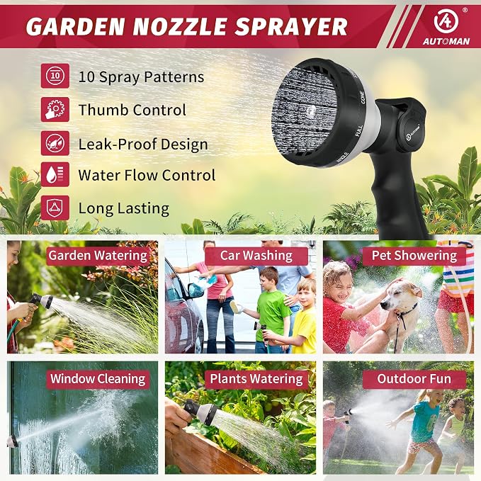 AUTOMAN Garden Hose Nozzle Sprayer - 10 Spray Patterns, 2 Pack Thumb Control Water Hose Nozzle Outdoor, Heavy Duty Spray Nozzles for Watering Garden, Cleaning Window, Washing Car, Showering Pets