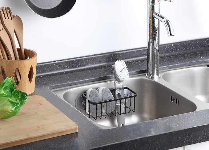 SunnyPoint NeverRust Deluxe Kitchen & Bathroom Sink Sponge Holder Organizer with Adhesive Mount - Additional Suction Cup Included – Sponge & Brush NOT Included – 7.4 x 3.3 x 2.75 Inch (Mat Black)