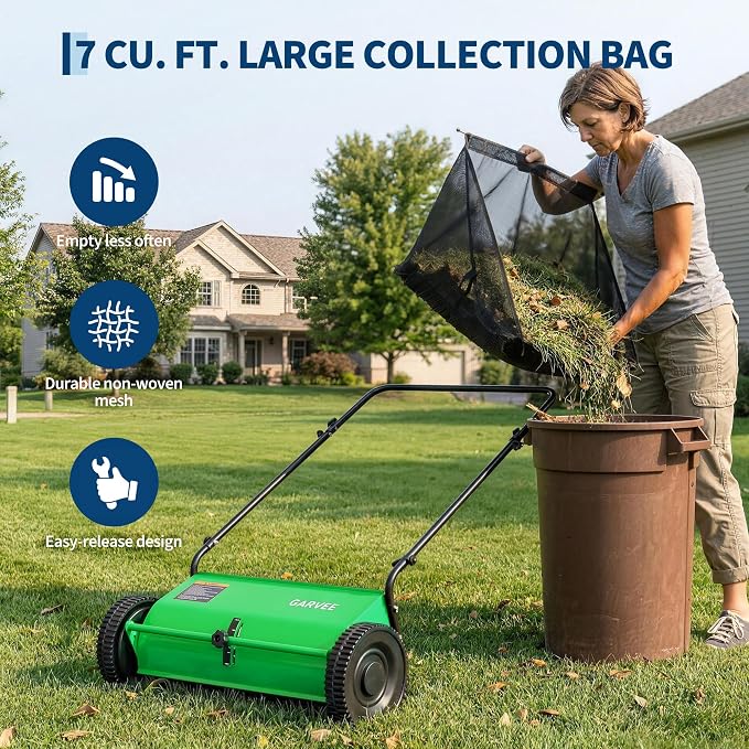 Garvee Push Lawn Sweeper, 26" Leaf & Grass Collector with 7Cu.ft Hopper Bag | Heavy Duty Yard Sweeper with Clear Dust Cover & Large Collection Bag for Leaves, Grass Clippings, for Lawn Yard Cleanup