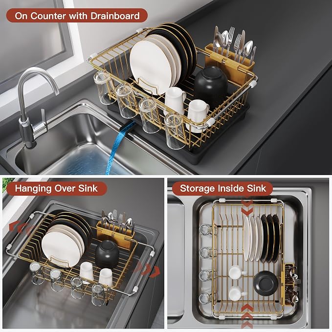 JASIWAY Gold Dish Drying Rack in Sink, Expandable Stainless Steel Dish Drainers with Drainboard for Kitchen Counter, Space Saving Dish Dryer Rack, Over The Sink Dish Racks with Utensil Holder