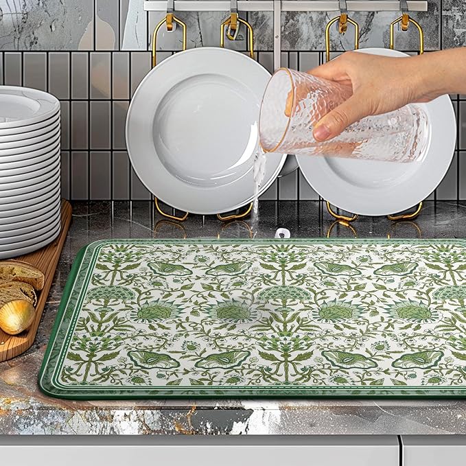 Green Floral Dish Drying Mat for Kitchen Counter 18x24 Inch Spring Summer Flowers Drying Mats Microfiber Absorbent Dish Drainer Pad Reusable Washable Dish Draining Mat for Coffee Bar Sink